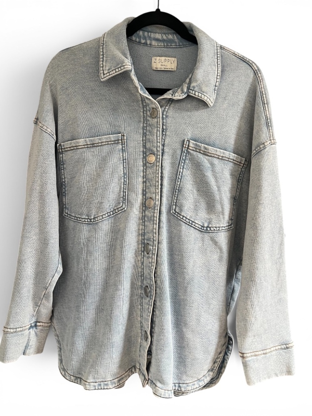 Z Supply All Day Knit Denim Shacket Washed Indigo Button Front (S) - Picture 2 of 5